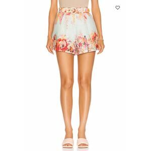 Zimmermann Mae Floral Linen Shorts High Waisted Pleated Luxury Summer Size 0